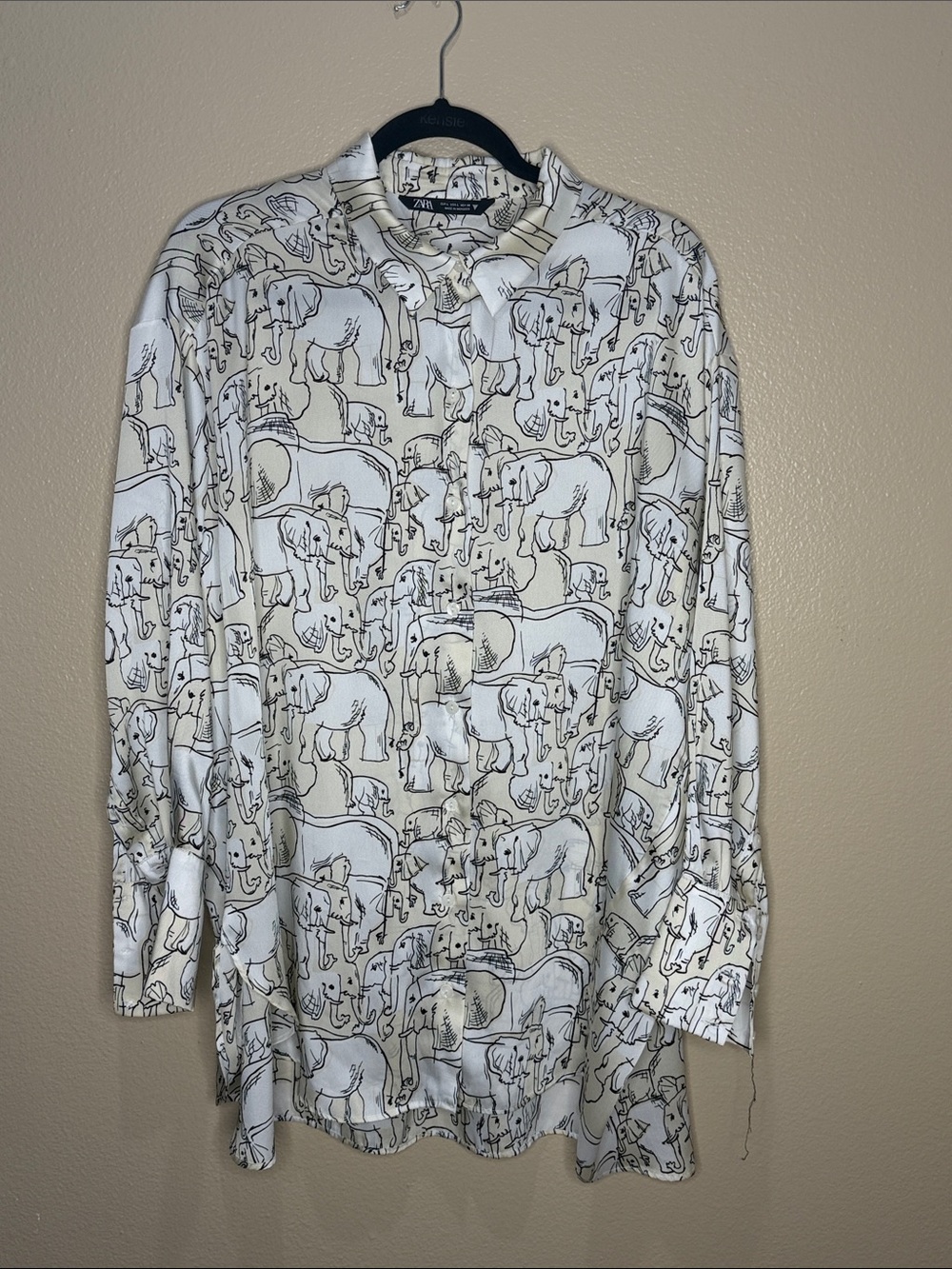 ZARA Elephant Print Oversized Satin Button Down Shirt Ivory/Cream